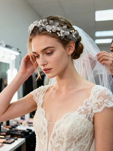 Détail d'une vigne de cheveux de mariée avec fleurs en résille et perles sur voile dentelle