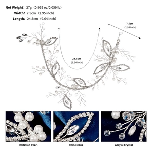 Detailed view of handmade bridal headband with measurements showing pearls and crystals