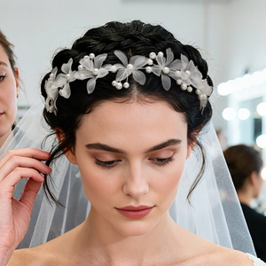 Bandeau de mariée exquis avec fleurs en tulle et perles pour photo de mariage