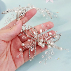 Elegant bridal headband with handmade hollow leaves, white pearls and sparkling rhinestones