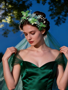 Detailed view of forest fairy headpiece with green butterflies and pearls for costumes