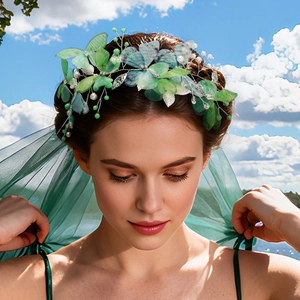 Detail of bridal headband featuring translucent tulle butterflies and white pearls decor