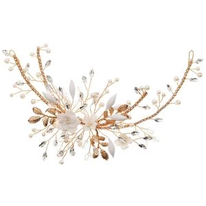 Handmade bridal hair vine with white flowers, pearls and crystals on gold wire