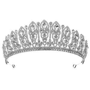 Elegant silver bridal crown with shimmering rhinestones and teardrop crystals on white background
