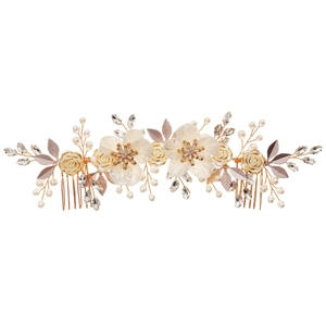Handmade bridal hair comb with white enamel flowers, gold leaves and rhinestones