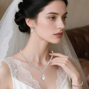 Parure de Bijoux en Strass Goutte d'Eau de Luxe Couleur Argent Collier Boucles d'Oreilles Bracelet Accessoires de Fête Mariage Femme