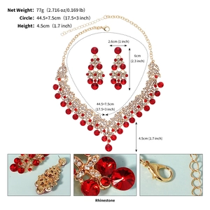 Detail showing red rhinestone jewelry set weight and dimensions on white background