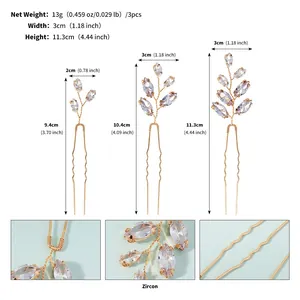 Size specifications for three zircon flower hair pins with precise height and width data