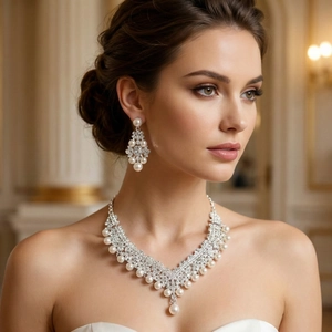 Close-up of bridal jewelry set with pearl necklace and diamond earrings on model