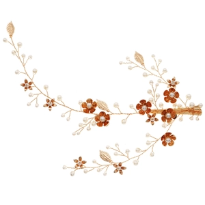 Accessoire cheveux mariée doré avec perles et motifs floraux de feuilles en métal