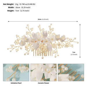 Detail of handmade bridal hair comb with ceramic flowers and imitation pearls, 16cm wide