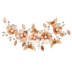 Fascia sposa dorata di lusso con fiori in filo metallico, farfalle e perle fatte a mano