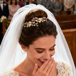 Elegant gold bridal hair combs with pearls and rhinestones for wedding hairstyles