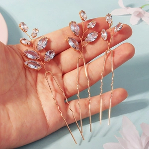 Lot de trois épingles à cheveux dorées de mariage avec feuilles en cristal brillant