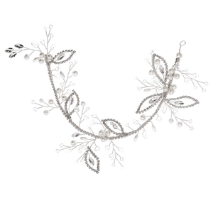 Elegant bridal hair vine with silver leaves, shimmering rhinestones and pearls