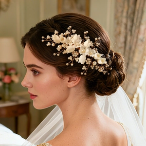 Close-up of handmade bridal hair comb with white resin flowers and pearls on gold wire