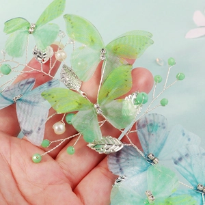 Handmade forest butterfly fairy hairband with pearls and rhinestones on green wire