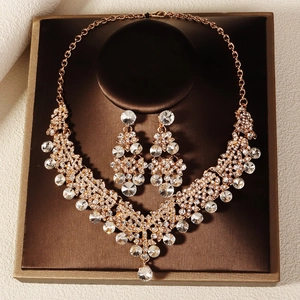 Close-up of luxury bridal jewelry set with sparkling crystals on a professional display