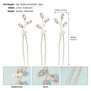 Détails des épingles à cheveux en U avec feuilles en zircon et perles blanches élégantes