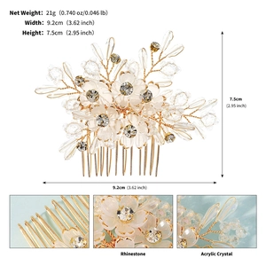 Detailed view of handmade crystal bridal hair comb with dimensions and weight specs
