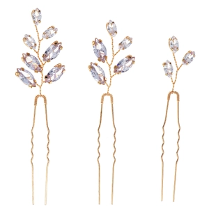 Three-piece gold bridal hair pin set with leaf-shaped crystal zircon and pearls