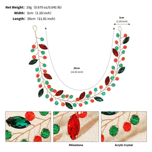 Détail macro du bandeau strass rouge et vert avec longueur 30cm et poids 19g spécifiés