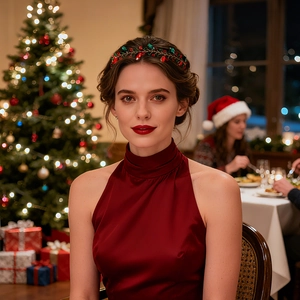 Détail d'un serre-tête de Noël perlé rouge et vert porté lors d'une fête festive