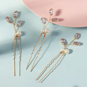 Forcine per capelli da sposa dorate con perle e cristalli, design a foglia, set da 3 blu