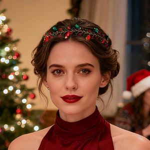 Vigne de Cheveux de Noël Faite à la Main Bandeau Strass Cristal Rouge Vert Accessoire de Cheveux Floral pour Femme