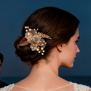Pince à Cheveux Bec de Canard Pétale en Fil d'Or Fait à la Main Avec Künstliche Perles d'Imitation Style Forêt Mariée Mariage Photo