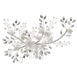 Handmade bridal hair comb with white pearls, matte flower petals and sparkling rhinestones