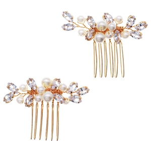 Elegant bridal hair comb set with white pearls and leaf crystals in golden finish