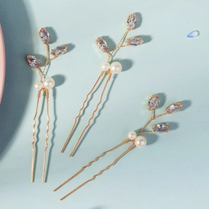 Set di tre forcine dorate per sposa con perle bianche e zirconi a taglio marquise eleganti