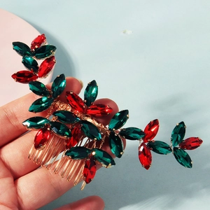 Handmade Christmas hair comb with red and green rhinestones on gold bridal headpiece
