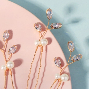 Set di 3 forcine da sposa dorate con foglie di zircone e perle bianche eleganti