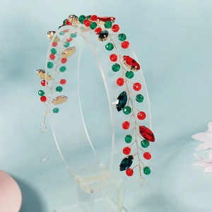 Serre-tête de Noël avec cristaux rouges et verts sur fil doré pour les fêtes