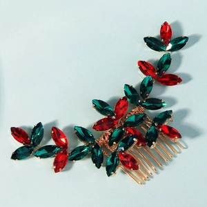 Christmas hair comb with red and green crystals on gold alloy metal floral design