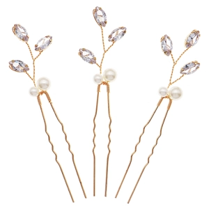 Set di tre forcine per capelli dorate da sposa con perle bianche e foglie di cristallo