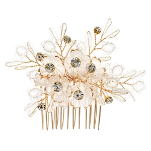 Exquisite bridal hair comb with white resin flowers and crystals on golden frame