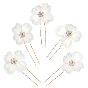 5-piece set of white mesh flower hair pins with pearls and gold U-shaped metal clips