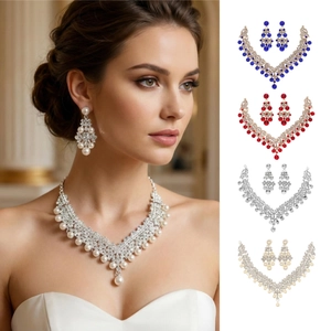 Luxurious Alloy Rhinestone Artificial Pearl Jewelry Necklace And Drop Earrings Bridal Wedding Party Banquet Festive Women Jewelry