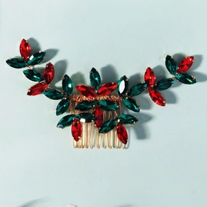 Golden bridal hair comb with red and green rhinestones for Christmas wedding styling