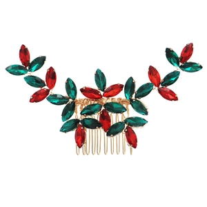 Peigne à cheveux de Noël exquis avec strass marquise rouges verts et motif de feuilles