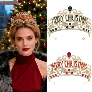 Merry Christmas Letter Alloy Crown Tiara Green Red Rhinestone Festive Party Princess Headwear Hair Accessories Holiday Gift