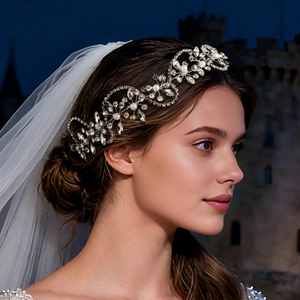 Accessoire cheveux mariée élégant avec perles blanches et strass sur vigne argent