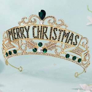 Golden Christmas crown with green crystals and Merry Christmas lettering for parties