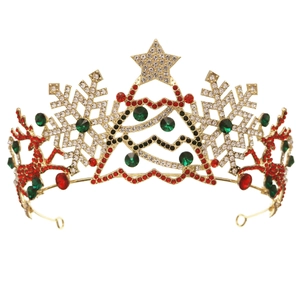 Golden Christmas crown with reindeer and snowflake motifs featuring colorful rhinestones