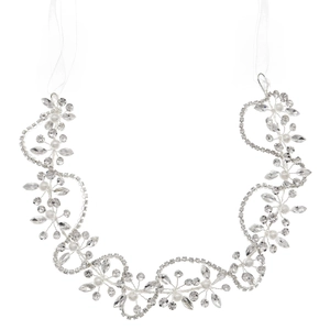 Bandeau de mariée argenté orné de perles blanches et strass marquise sur fond blanc