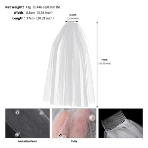 Dettaglio velo da sposa in tulle bianco con perle, dimensioni 77x8,5cm e pettine in plastica
