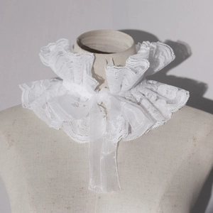 Elegant white lace ruffled clown collar with semi-transparent silk bow for party costumes